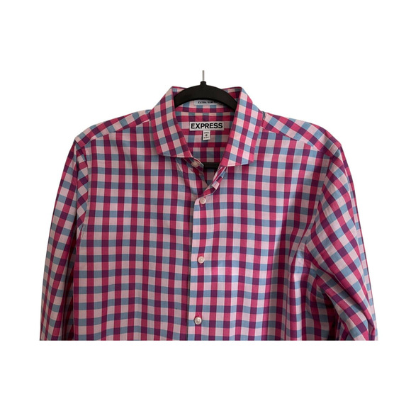 Express Extra Slim Fit Gingham Check Button Up Shirt M Pink Blue White - Picture 8 of 9